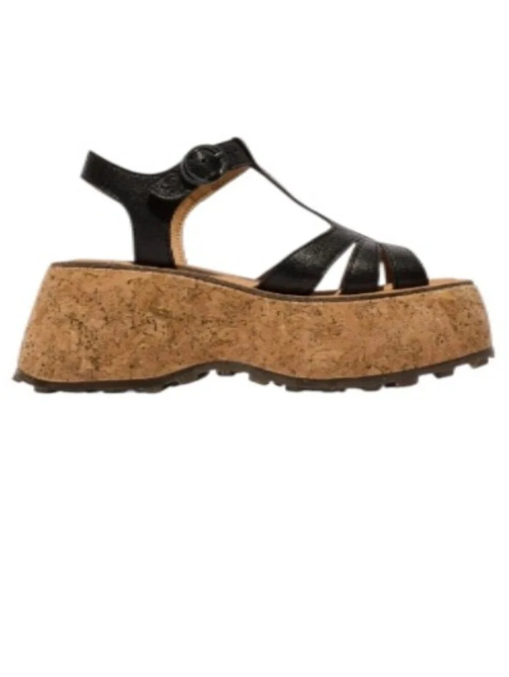 Fly London Coil Platform Black Leather T-Strap Cork Sandals-NEW